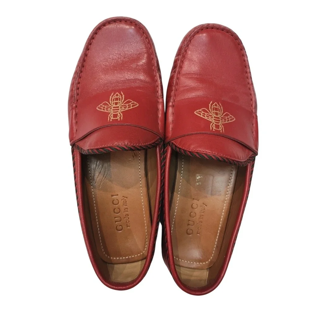 Gucci Red Leather Drivers with Bee Accent & Red Black Trim #49117 Men's Size 7.5